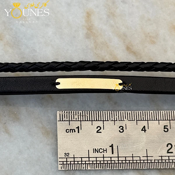 دستبند چرم مردانه طلا براق گیس بافت مشکی